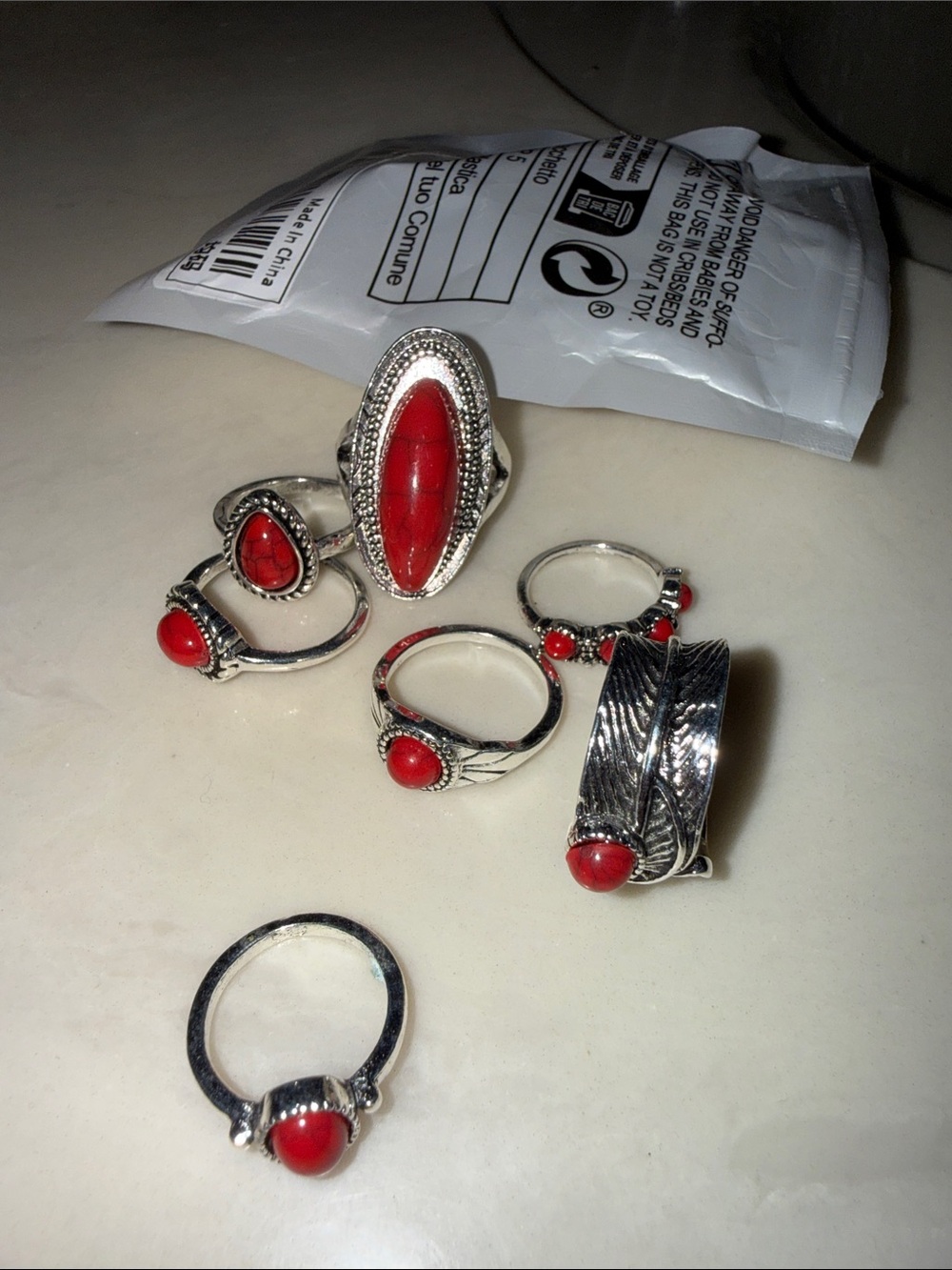 Sterling-Style Red Stone Mixed Ring Set - Boho Silver Tone